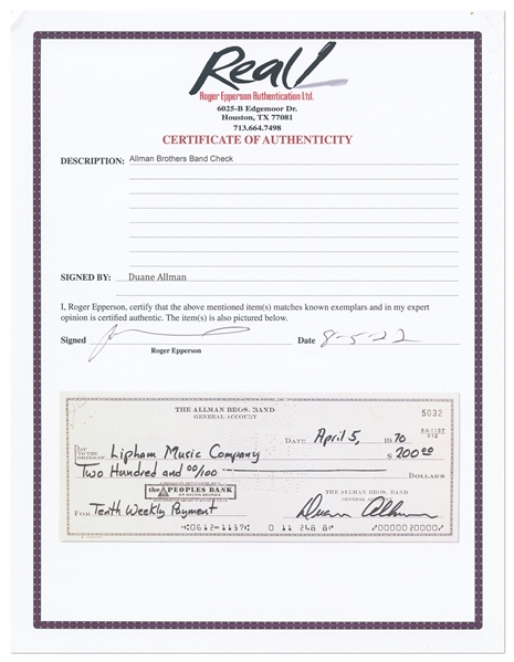 Lot of Six Checks from 1970 Signed by Original Members of The Allman Brothers Band -- Includes Scarce Duane Allman Check Signed from 1970 with Roger Epperson COA