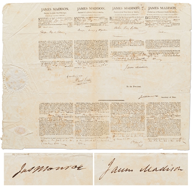 James Madison Four-Language Ship's Papers Signed as President -- Countersigned by James Monroe as Secretary of State