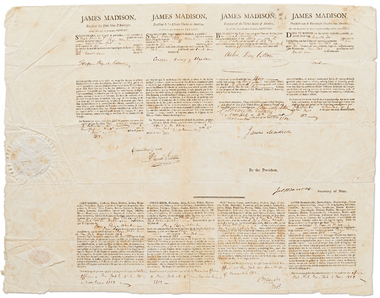 James Madison Four-Language Ship's Papers Signed as President -- Countersigned by James Monroe as Secretary of State
