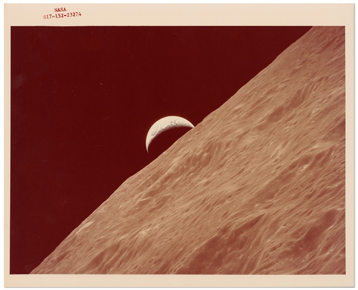 Apollo 17 Red Number NASA Photo Showing a Crescent Earthrise Over the Moon -- With 1972 Kodak Watermark on Verso