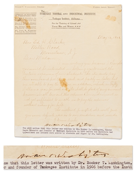 Booker T. Washington Letter Signed from 1906 Regarding Tuskegee Institute