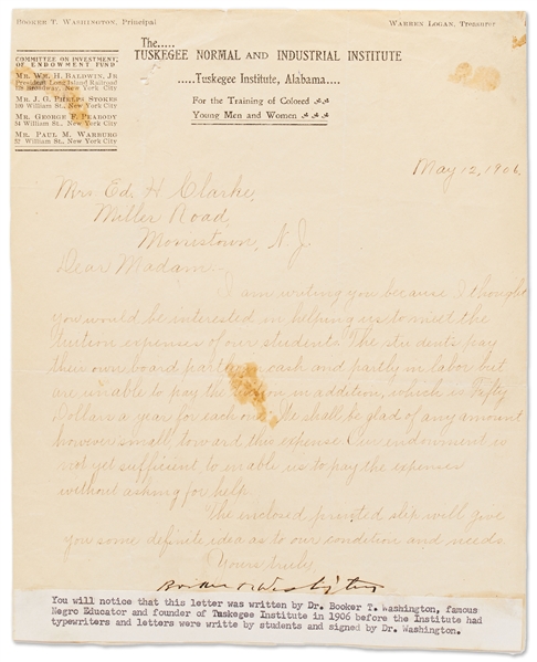 Booker T. Washington Letter Signed from 1906 Regarding Tuskegee Institute