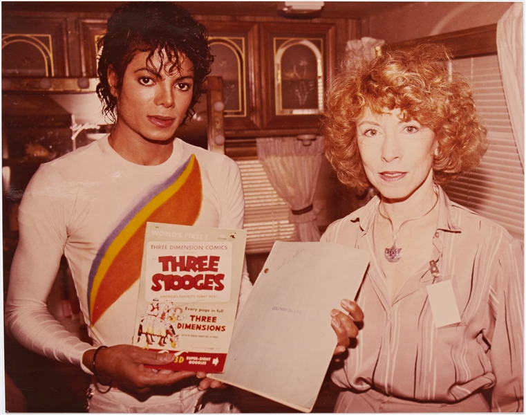 Four 8'' x 10'' Color Glossy Photos of Joan Howard Maurer and Michael Jackson Holding Three Stooges Memorabilia -- With MJJ Productions Stamp on Verso of Each -- Near Fine