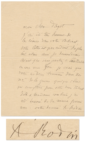 Auguste Rodin Autograph Letter Signed -- ''...I was very happy with the session in your office...the most beautiful momentum...''