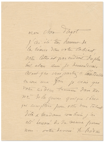 Auguste Rodin Autograph Letter Signed -- ''...I was very happy with the session in your office...the most beautiful momentum...''