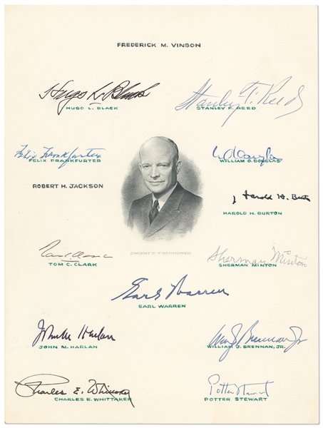 The Warren Supreme Court Signed Engraving -- Signed by 12 Justices During President Eisenhower's Administrations