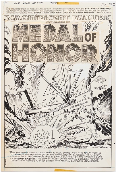Norman Maurer ''Our Army at War'' #290 Original ''Medal of Honor'' Artwork, Pages 24-26 & 29-31 Including Splash Page (DC, March 1976) -- Measures Approx. 10.75'' x 16'' -- Very Good