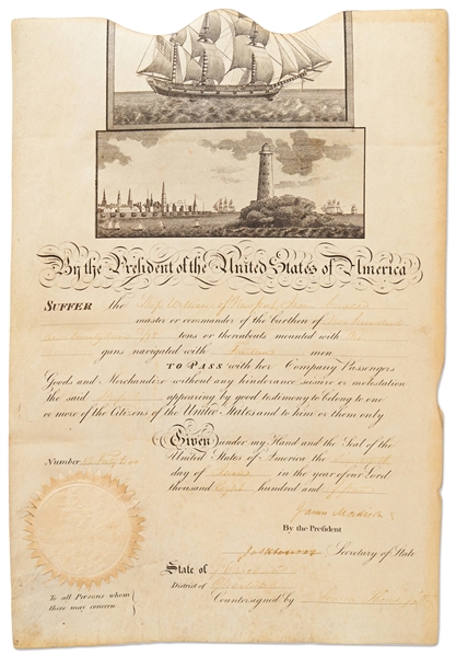 James Madison Ship's Papers Signed as President -- Countersigned by James Monroe as Secretary of State
