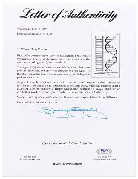 Francis Crick and James Watson Signed Illustration of the DNA Double Helix -- With PSA/DNA COA