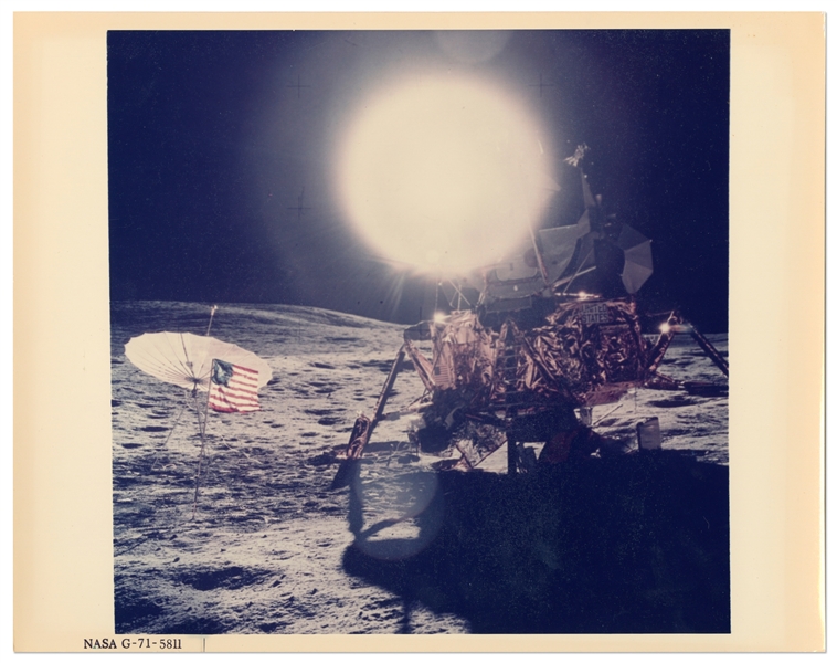 Black Number NASA Photo from the Apollo 14 Mission, Showing the U.S. Flag and the Lunar Module Antares