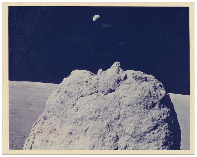 NASA Photo Showing Earth Above a Large Lunar Boulder, Taken During the Apollo 17 Mission