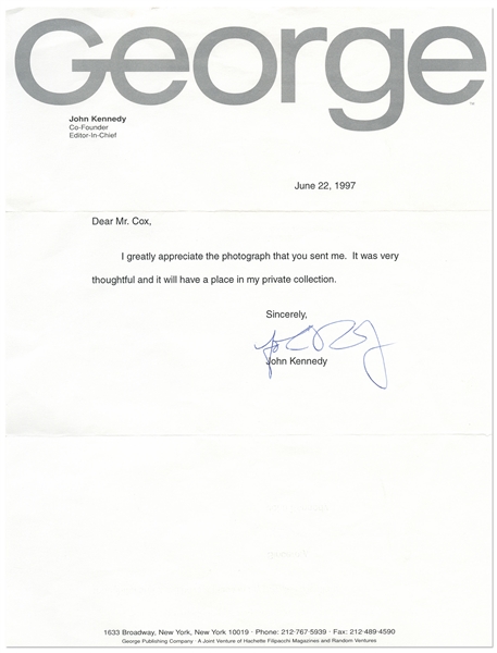 John F. Kennedy Jr. Letter Signed on ''George'' Stationery -- With PSA/DNA COA