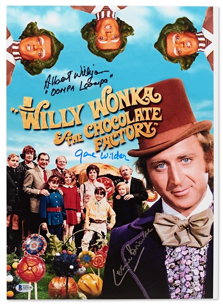 Gene Wilder Signed 12'' x 16.5'' Photo from ''Willy Wonka & the Chocolate Factory'' -- Also Signed by an Oompa Loompa Character and Composer Leslie Bricusse -- With Beckett COA