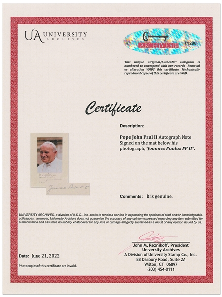 Large Photo of Pope John Paul II Signed on the Presentation Mat -- Measures 13'' x 18'' -- With University Archives COA