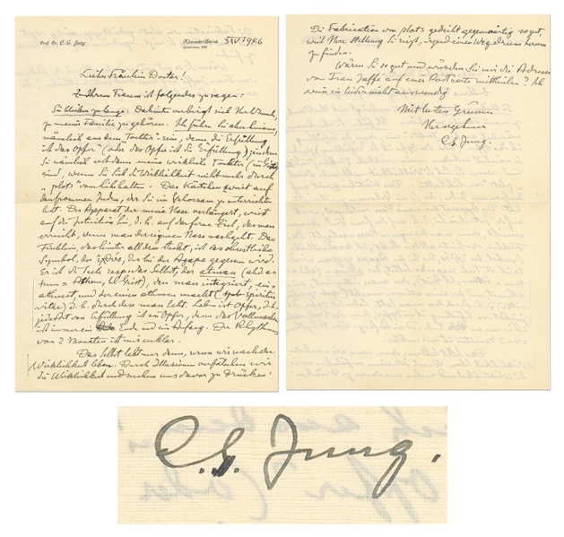 Carl Jung Autograph Letter Signed with Fantastic Content on Dream Analysis, Transference & Religion -- ''...The Self can only live when we live in agreement with reality...''