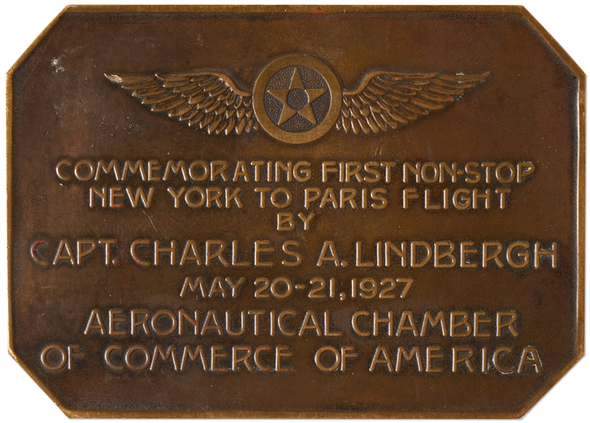 1927 Brass Plaque Commemorating Charles Lindbergh's Nonstop Transatlantic Flight -- From the Estate of Early Aviation Executive Paul Bratton