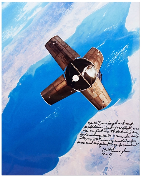 Walter Cunningham Signed 16'' x 20'' Photo from Apollo 7 -- ''...one small step for man and one giant leap for mankind...''