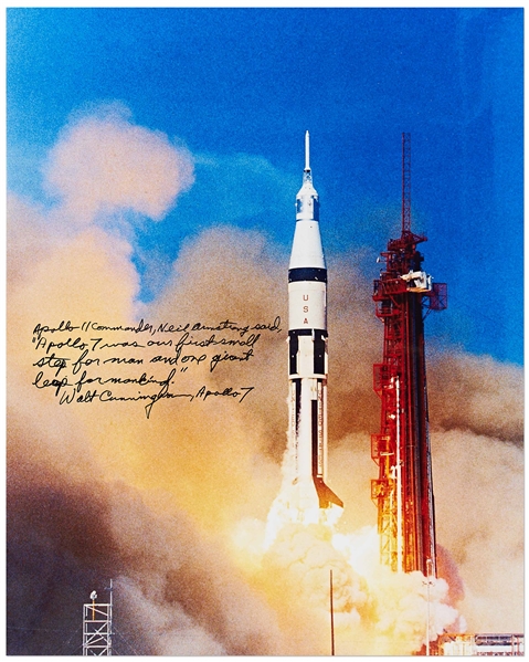 Walter Cunningham Signed 16'' x 20'' Photo of the Apollo 7 Liftoff -- ''...Apollo 7 was our first small step for man and one giant leap for mankind...''