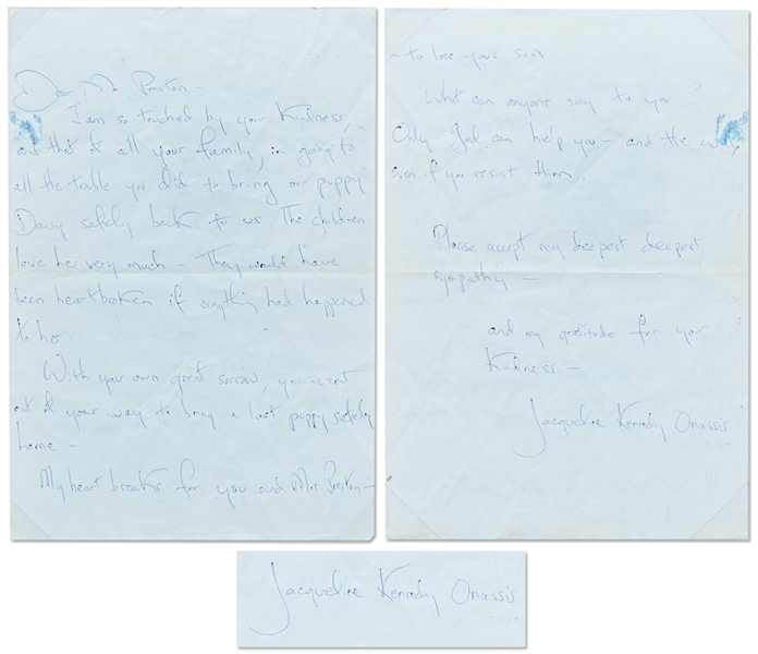 Jackie Kennedy Autograph Letter Signed with Her Full Name ''Jacqueline Kennedy Onassis'' -- Jackie Thanks Someone for Finding the Family's Lost Puppy & Also Extends Sympathy on the Death of His Son