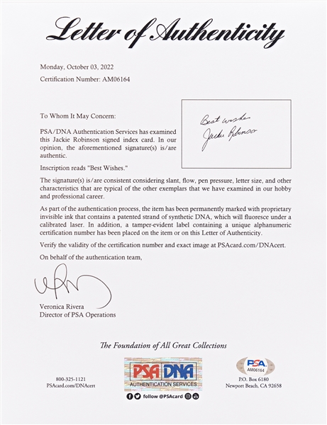 Jackie Robinson Uninscribed Signature -- With PSA/DNA COA