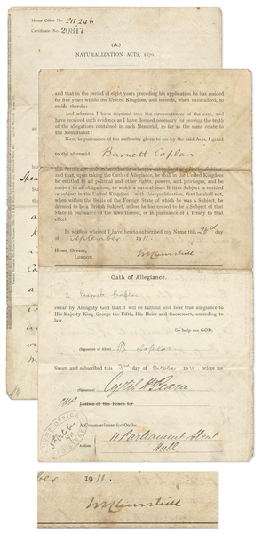 Winston Churchill Naturalization Document Signed as Home Secretary -- With PSA/DNA COA
