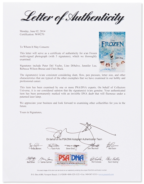 ''Frozen'' Cast-Signed 11'' x 17'' Poster Photo -- Signed by Directors Jennifer Lee and Chris Buck, Animators Rebecca Bresee and Lino DiSalvo & Producer Peter Del Vecho -- With PSA/DNA COA