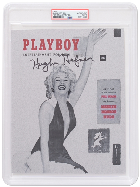 Hugh Hefner Signed Photo of the First ''Playboy'' Magazine Cover -- PSA/DNA Encapsulated