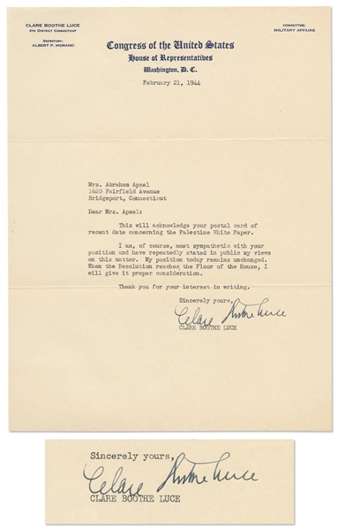 Clare Boothe Luce Letter Signed from 1944 on U.S. Congressional Letterhead Regarding the Palestine White Paper