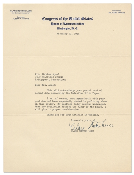 Clare Boothe Luce Letter Signed from 1944 on U.S. Congressional Letterhead Regarding the Palestine White Paper