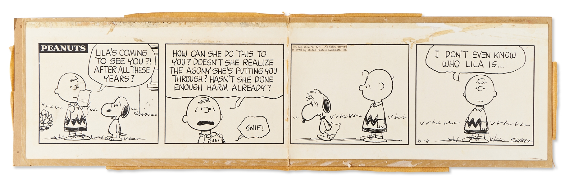 Original Peanuts Comic Strip Hand-Drawn by Charles Schulz -- Snoopy Is Distraught Over a Visit from Lila, His Original Owner Before Charlie Brown!