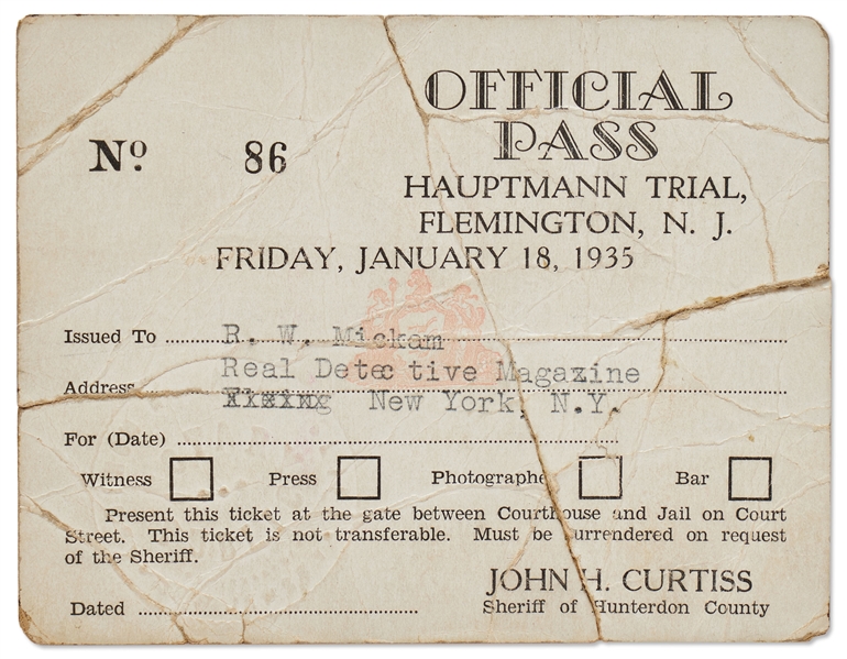 1935 Pass to the Trial of Bruno Hauptmann for the Kidnapping of Charles Lindbergh's Child