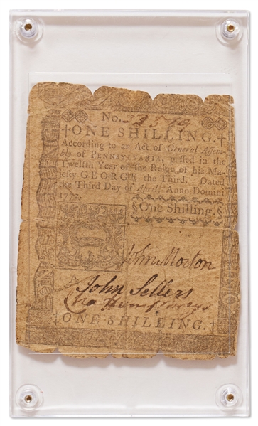 Declaration of Independence Signer, John Morton Signed Shilling Note