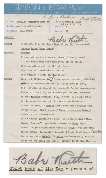 Babe Ruth Signed Ad Copy for the First Episode of ''The Colgate Sports Newsreel'' in 1939