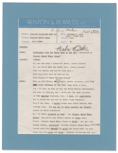 Babe Ruth Signed Ad Copy for the First Episode of ''The Colgate Sports Newsreel'' in 1939