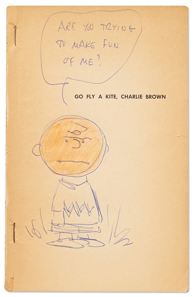 Charles Schulz Hand-Drawn Sketch of Charlie Brown, Within a First Edition of Go Fly a Kite, Charlie Brown -- Also with Charles Schulz Autograph Letter Signed Sparky