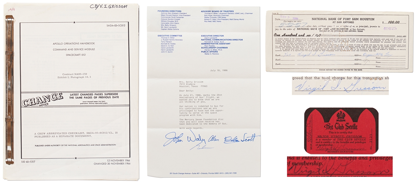 Gus Grissom Personally Owned Lot, Including His Apollo Operations Handbook and Two Items Signed by Grissom -- Also Includes Letter to Grissom's Widow Signed by the Six Surviving Mercury 7 Astronauts