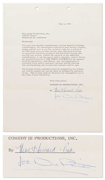 Lot of Moe Howard and Joe DeRita Signed Items -- Includes 2 Checks Signed by Howard & Endorsed by DeRita, and Contract Signed by Both
