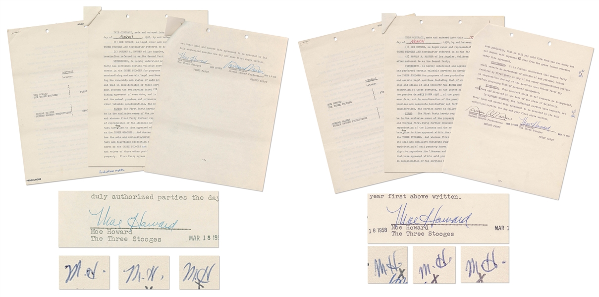 Lot of 15 Contracts Signed by Moe Howard of The Three Stooges, Some Multi-Signed