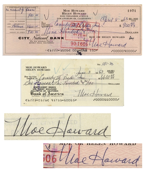 Lot of 8 Checks Signed by Moe Howard of The Three Stooges -- All Checks Handwritten by Moe
