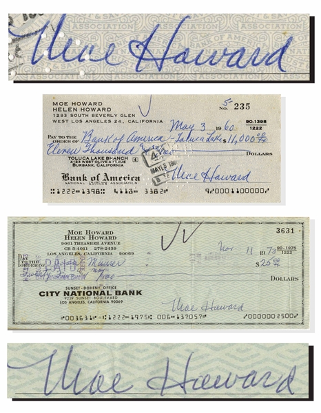 Lot of 8 Checks Signed by Moe Howard of The Three Stooges -- All Checks Handwritten by Moe