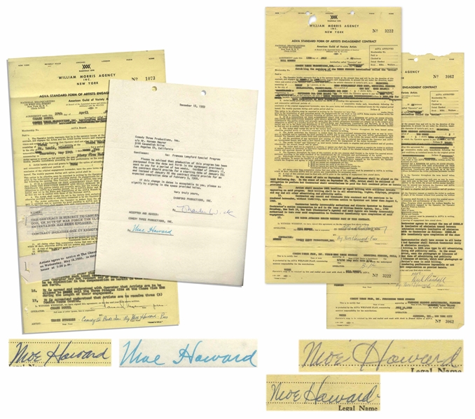 Lot of 42 Contracts Signed by Moe Howard of The Three Stooges -- Moe Also Writes ''3 Stooges'' on 8 Contracts