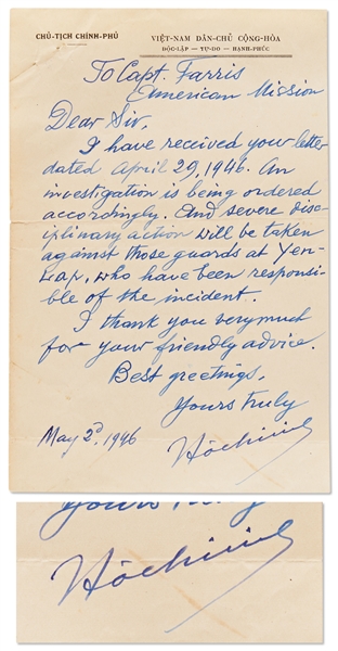 Ho Chi Minh Autograph Letter Signed from 1946 -- ''...severe disciplinary action will be taken against those guards...''