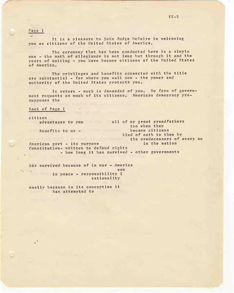 John F. Kennedy Senate Document -- Original Speech JFK Would Give to Newly Naturalized U.S. Citizens