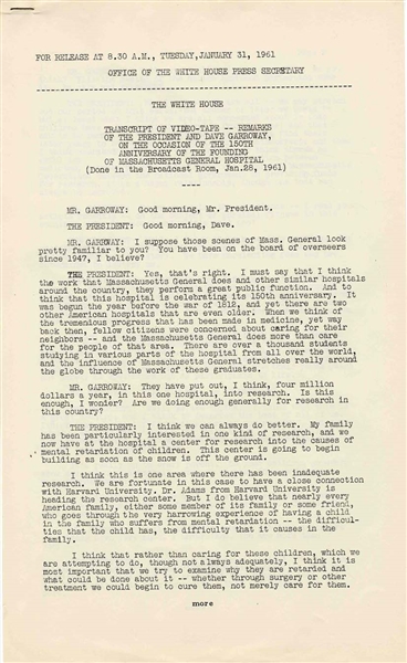 JFK Press Release Eight Days After Taking Office -- ''...My family has been particularly interested in the causes of mental retardation of children...''