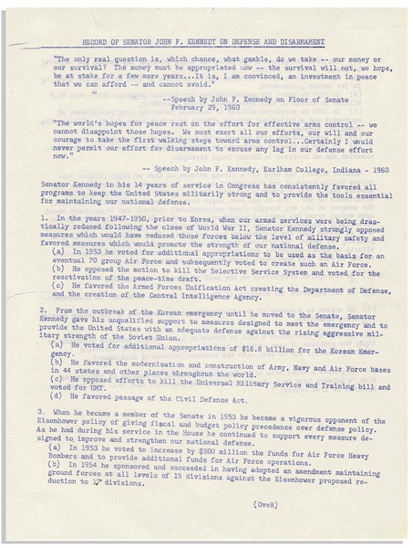 John F. Kennedy Memo on Defense & Disarmament From His Senate Files