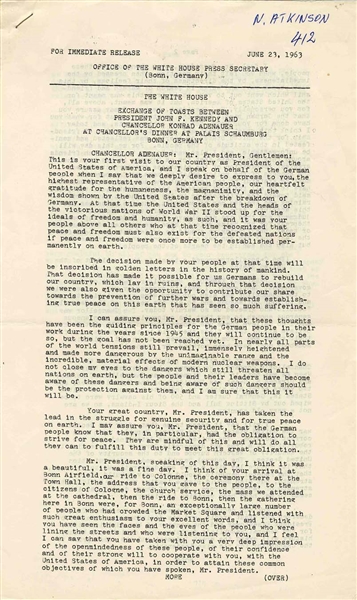 John F. Kennedy Press Release Regarding His Trip to Berlin in June 1963 -- ''...History is dotted with the shipwrecks of other alliances...''