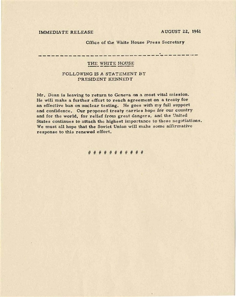 Important JFK Statement Outlining Negotiations That Would Later Become the Nuclear Test Ban Treaty -- 22 August 1961
