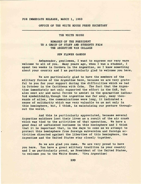 John F. Kennedy Press Release to Argentine War Students After the Cuban Missile Crisis -- ''...during the difficulties which we had in October in the Caribbean with Cuba...''