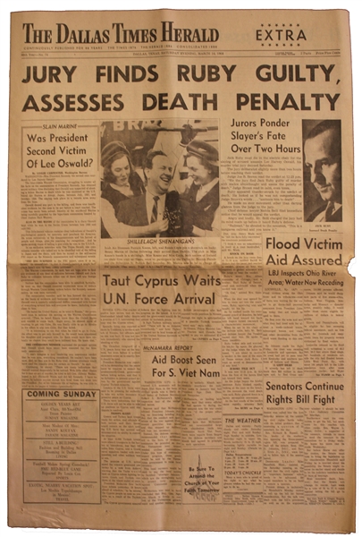 Extra Edition ''Dallas Times Herald'' Newspaper From 14 March 1964 -- Regarding the Jack Ruby Trial -- ''Jury Finds Ruby Guilty...''