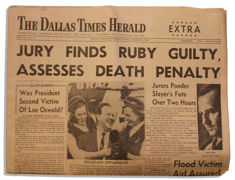 Extra Edition ''Dallas Times Herald'' Newspaper From 14 March 1964 -- Regarding the Jack Ruby Trial -- ''Jury Finds Ruby Guilty...''